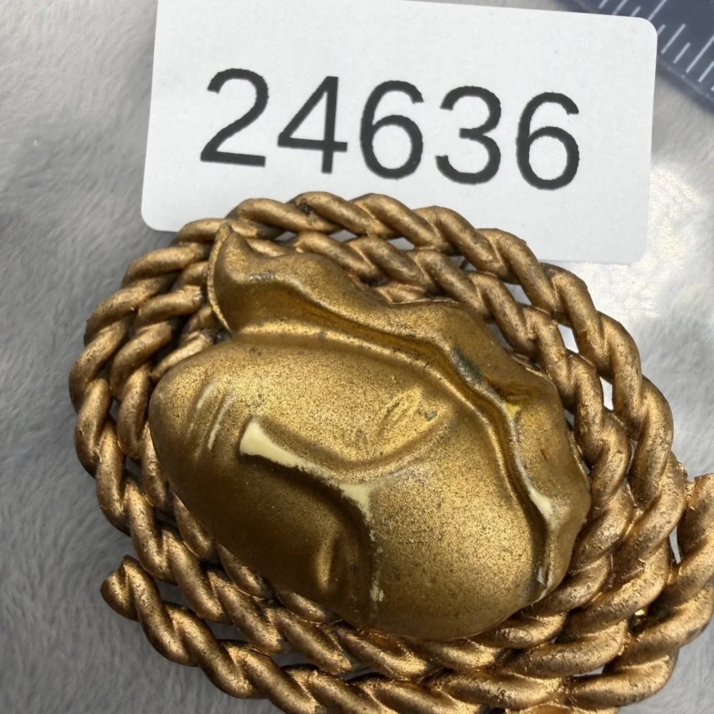 Vintage Estate Mask Brooch Gold Tone Face Rope Border Lightweight